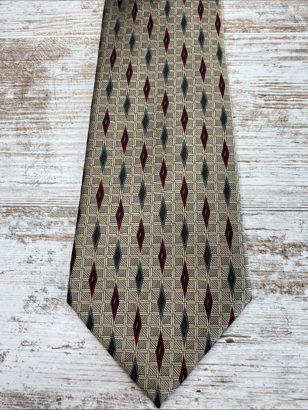Vintage Privado Silk Tie Geometric Diamond Pattern Taupe Burgundy Wide 90s